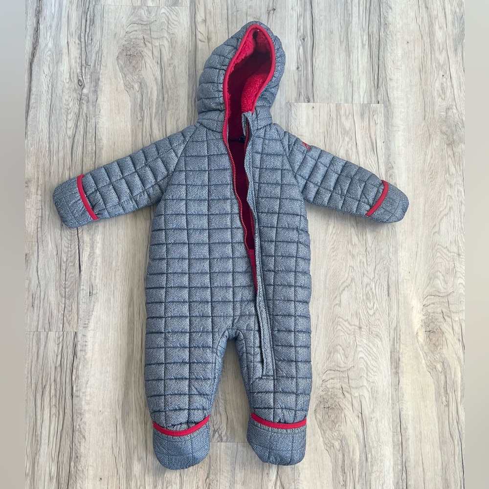 SnoZu | Infant Snowsuit Gray Herringbone with Red Sherpa Fleece Lining Size 18m